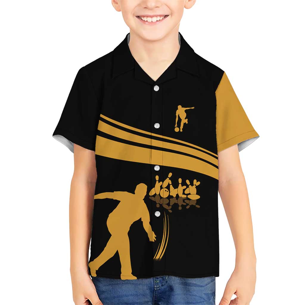 Bowling Player Silhouette Kid Hawaiian Shirt with Gold Strike Motion and Custom Team Name Design - Wonder Print Shop
