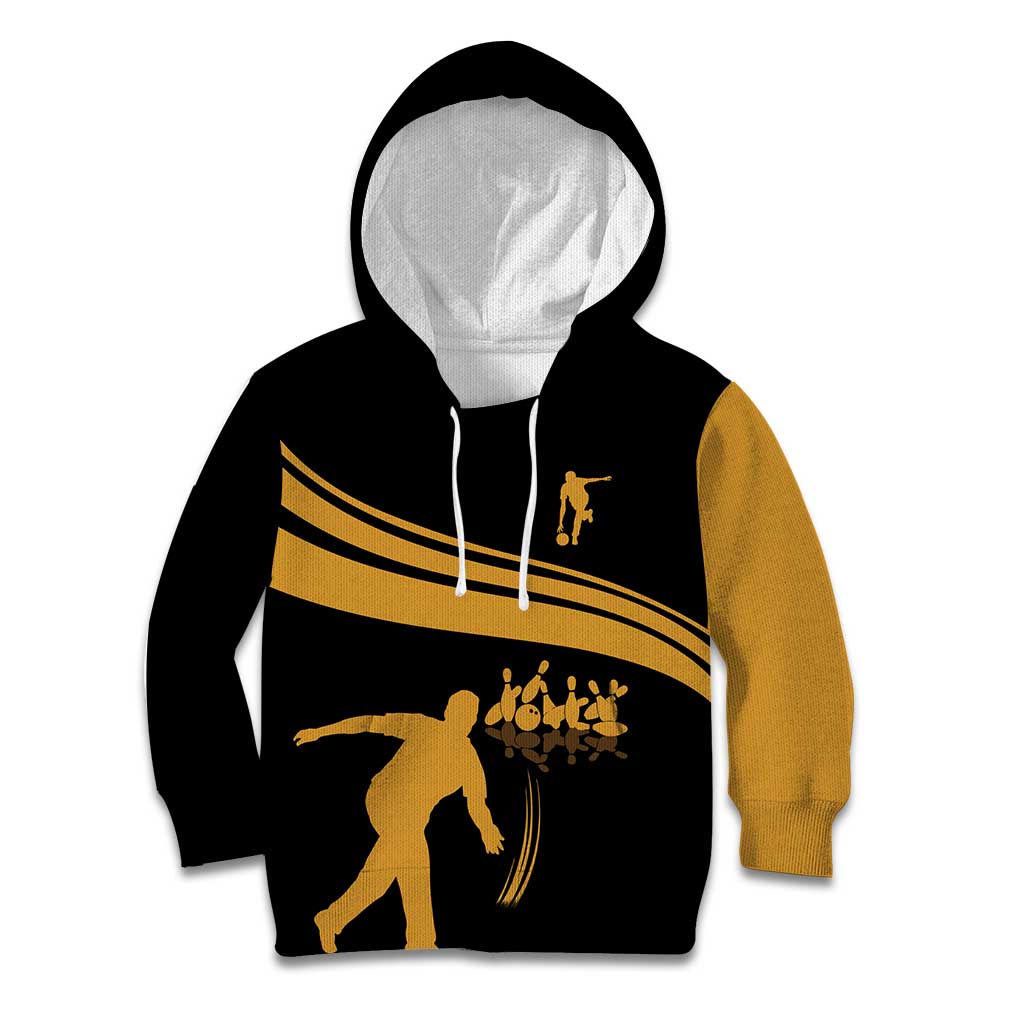 Bowling Player Silhouette Kid Hoodie with Gold Strike Motion and Custom Team Name Design - Wonder Print Shop