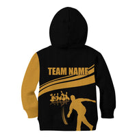 Bowling Player Silhouette Kid Hoodie with Gold Strike Motion and Custom Team Name Design - Wonder Print Shop