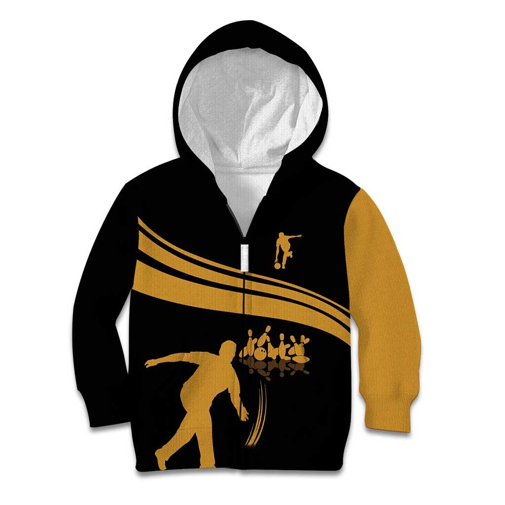 Bowling Player Silhouette Kid Hoodie with Gold Strike Motion and Custom Team Name Design - Wonder Print Shop