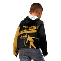Bowling Player Silhouette Kid Hoodie with Gold Strike Motion and Custom Team Name Design - Wonder Print Shop