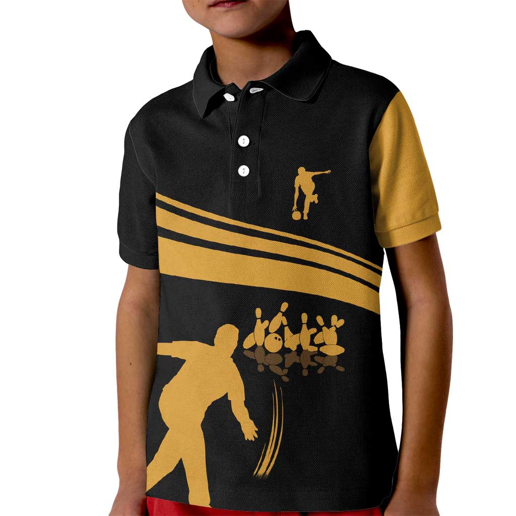 Bowling Player Silhouette Kid Polo Shirt with Gold Strike Motion and Custom Team Name Design - Wonder Print Shop