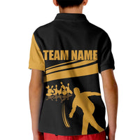 Bowling Player Silhouette Kid Polo Shirt with Gold Strike Motion and Custom Team Name Design - Wonder Print Shop