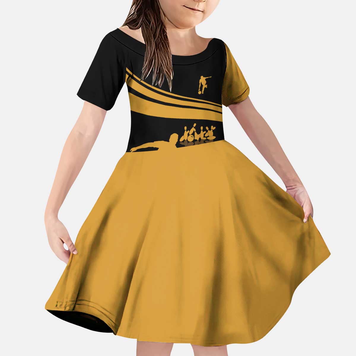 Bowling Player Silhouette Kid Short Sleeve Dress with Gold Strike Motion and Custom Team Name Design - Wonder Print Shop