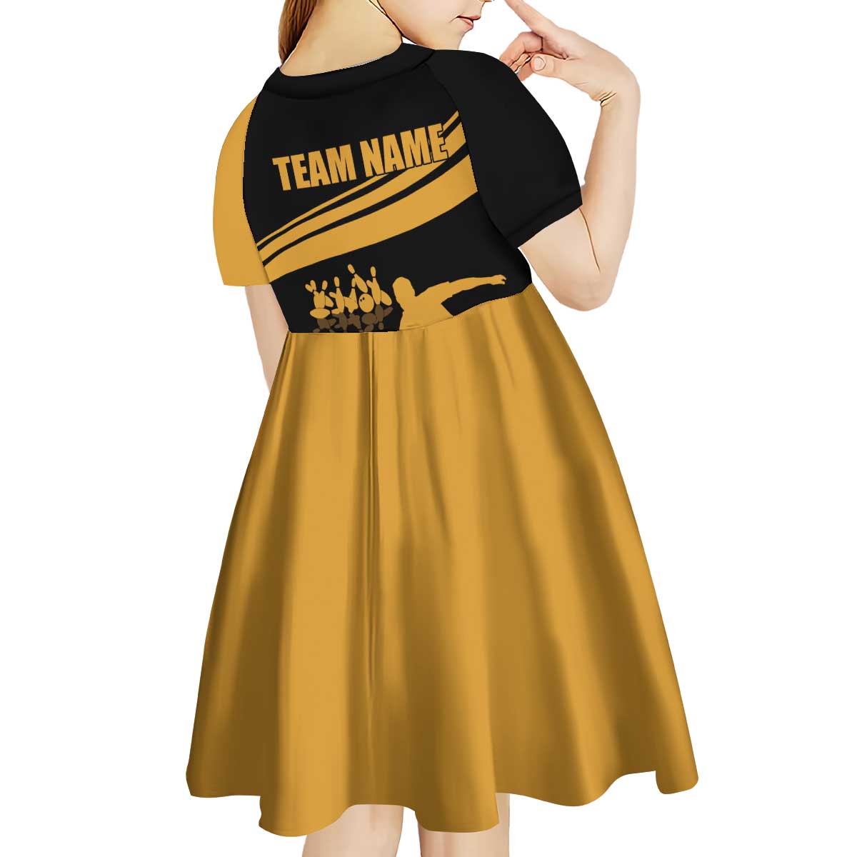 Bowling Player Silhouette Kid Short Sleeve Dress with Gold Strike Motion and Custom Team Name Design - Wonder Print Shop