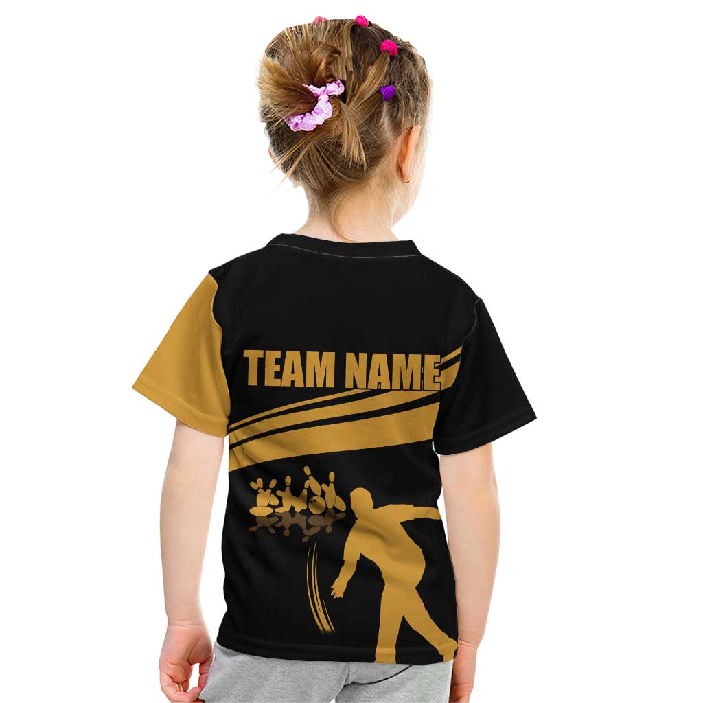 Bowling Player Silhouette Kid T Shirt with Gold Strike Motion and Custom Team Name Design - Wonder Print Shop