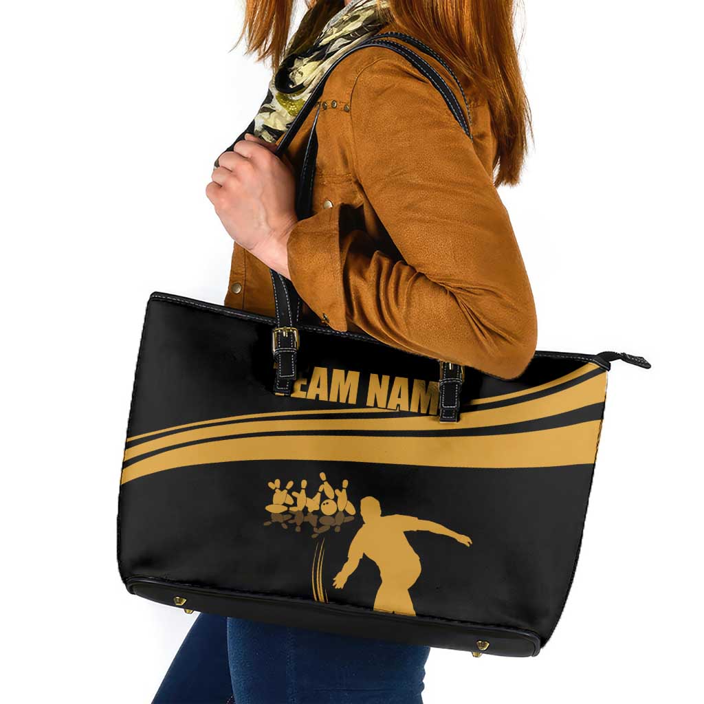 Bowling Player Silhouette Leather Tote Bag with Gold Strike Motion and Custom Team Name Design - Wonder Print Shop