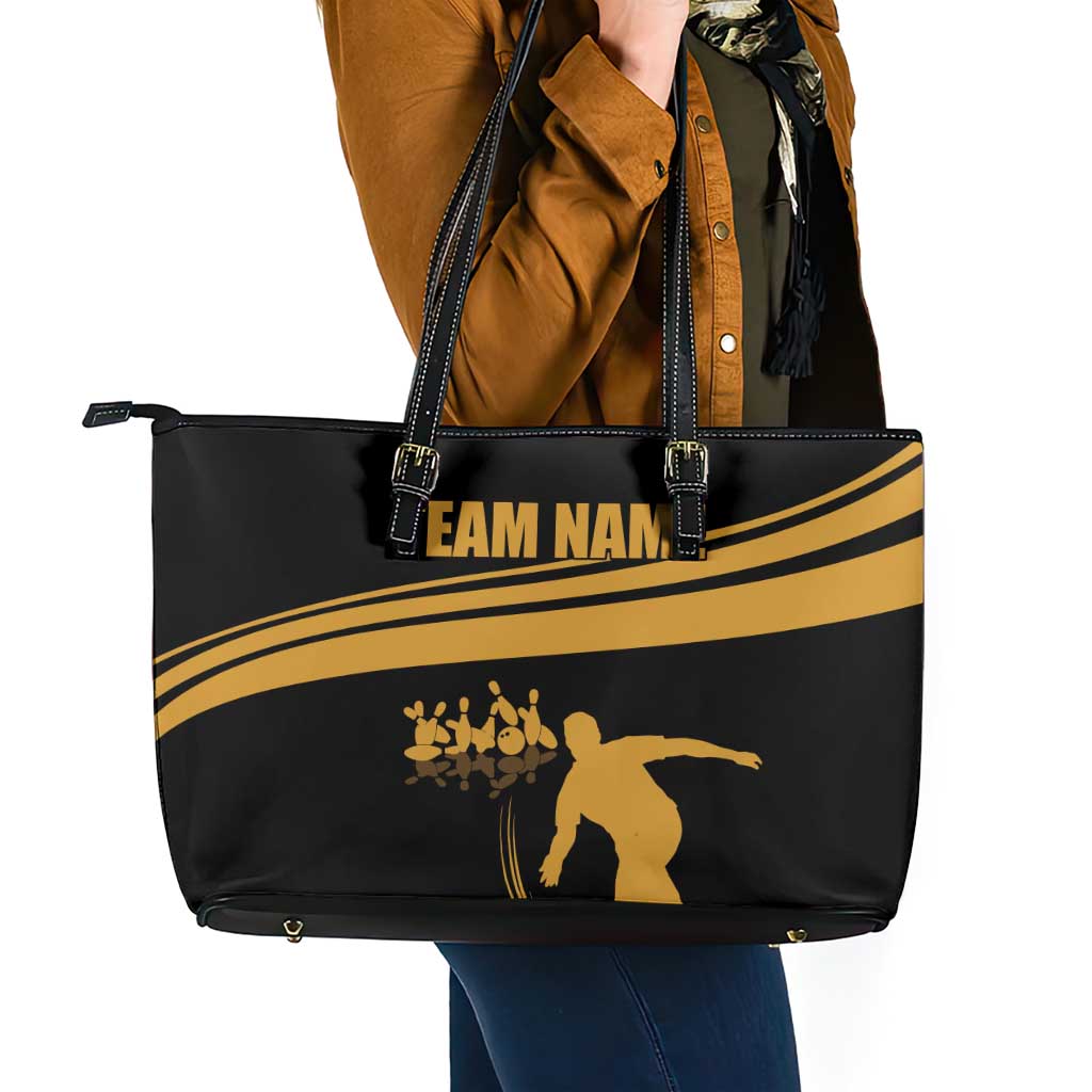 Bowling Player Silhouette Leather Tote Bag with Gold Strike Motion and Custom Team Name Design - Wonder Print Shop