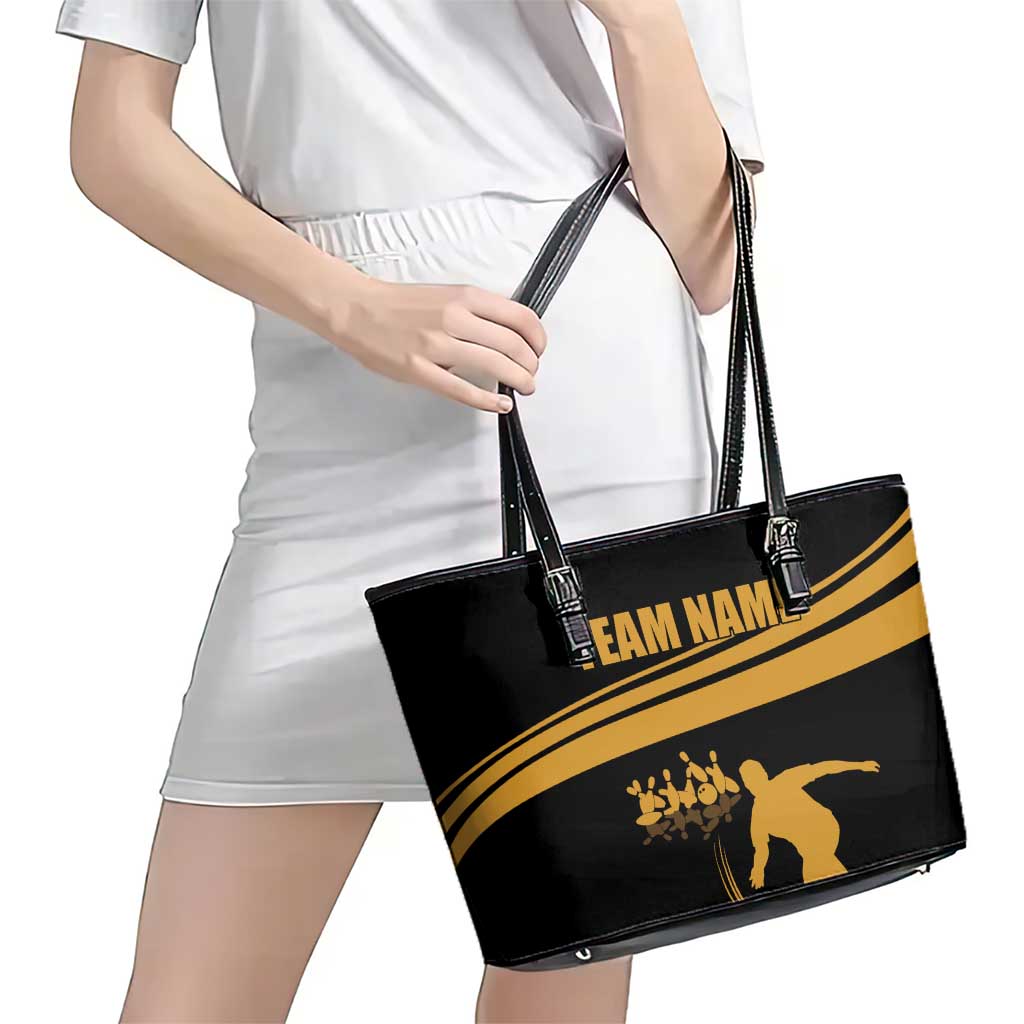 Bowling Player Silhouette Leather Tote Bag with Gold Strike Motion and Custom Team Name Design - Wonder Print Shop