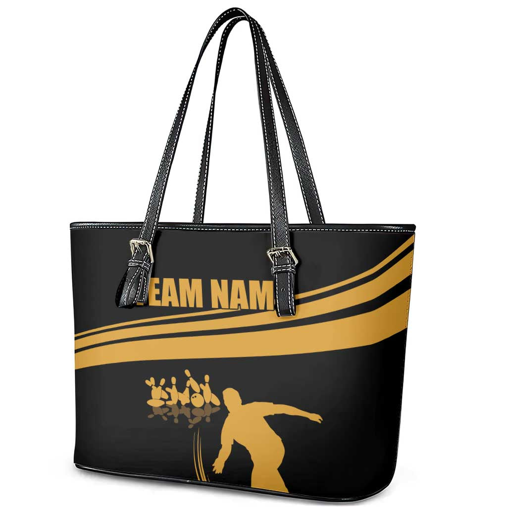 Bowling Player Silhouette Leather Tote Bag with Gold Strike Motion and Custom Team Name Design - Wonder Print Shop