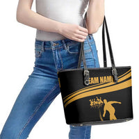 Bowling Player Silhouette Leather Tote Bag with Gold Strike Motion and Custom Team Name Design - Wonder Print Shop