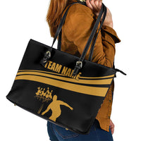Bowling Player Silhouette Leather Tote Bag with Gold Strike Motion and Custom Team Name Design - Wonder Print Shop