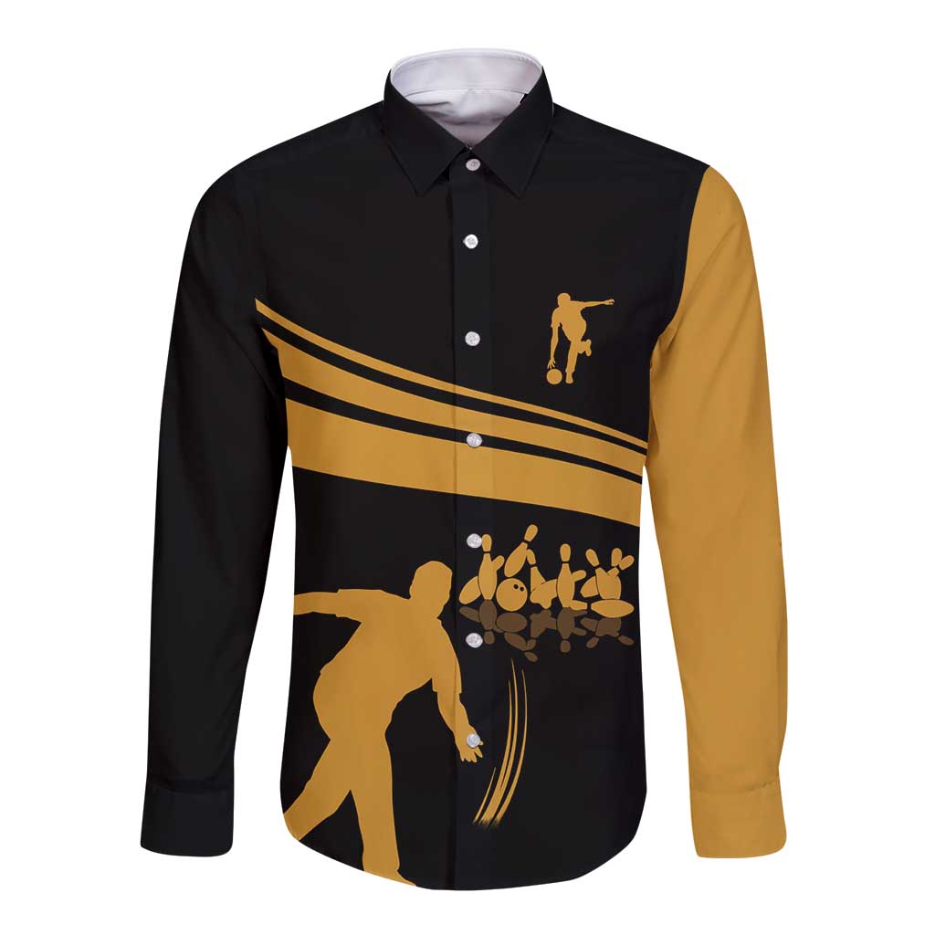 Bowling Player Silhouette Long Sleeve Button Shirt with Gold Strike Motion and Custom Team Name Design - Wonder Print Shop