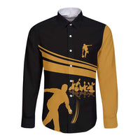 Bowling Player Silhouette Long Sleeve Button Shirt with Gold Strike Motion and Custom Team Name Design - Wonder Print Shop