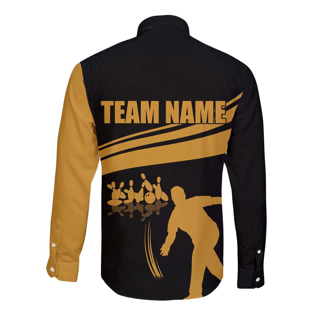 Bowling Player Silhouette Long Sleeve Button Shirt with Gold Strike Motion and Custom Team Name Design - Wonder Print Shop
