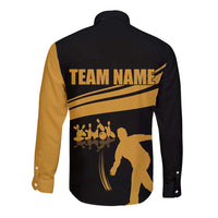 Bowling Player Silhouette Long Sleeve Button Shirt with Gold Strike Motion and Custom Team Name Design - Wonder Print Shop