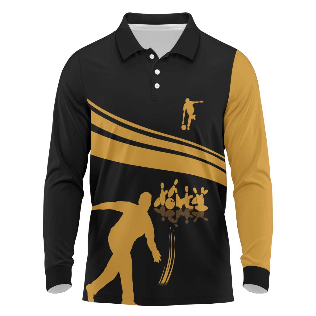 Bowling Player Silhouette Long Sleeve Polo Shirt with Gold Strike Motion and Custom Team Name Design - Wonder Print Shop