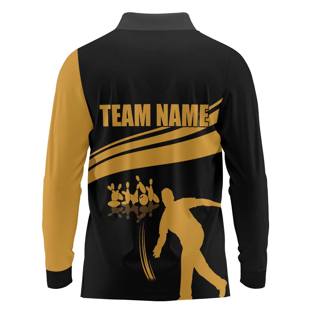 Bowling Player Silhouette Long Sleeve Polo Shirt with Gold Strike Motion and Custom Team Name Design - Wonder Print Shop