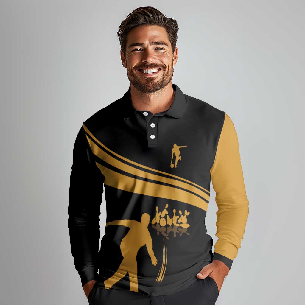 Bowling Player Silhouette Long Sleeve Polo Shirt with Gold Strike Motion and Custom Team Name Design - Wonder Print Shop