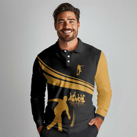 Bowling Player Silhouette Long Sleeve Polo Shirt with Gold Strike Motion and Custom Team Name Design - Wonder Print Shop
