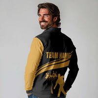 Bowling Player Silhouette Long Sleeve Polo Shirt with Gold Strike Motion and Custom Team Name Design - Wonder Print Shop