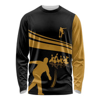 Bowling Player Silhouette Long Sleeve Shirt with Gold Strike Motion and Custom Team Name Design - Wonder Print Shop