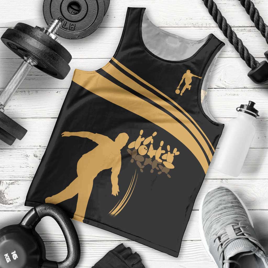 Bowling Player Silhouette Men Tank Top with Gold Strike Motion and Custom Team Name Design - Wonder Print Shop