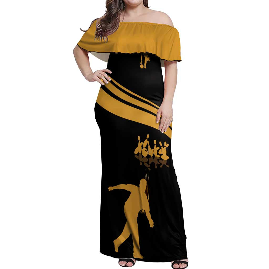 Bowling Player Silhouette Off Shoulder Maxi Dress with Gold Strike Motion and Custom Team Name Design - Wonder Print Shop