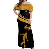 Bowling Player Silhouette Off Shoulder Maxi Dress with Gold Strike Motion and Custom Team Name Design - Wonder Print Shop