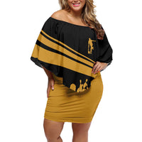 Bowling Player Silhouette Off Shoulder Short Dress with Gold Strike Motion and Custom Team Name Design - Wonder Print Shop