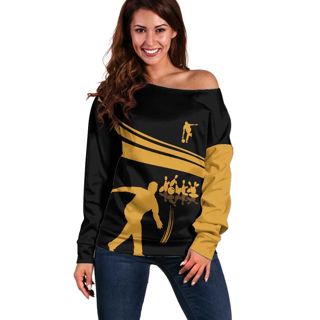 Bowling Player Silhouette Off Shoulder Sweater with Gold Strike Motion and Custom Team Name Design - Wonder Print Shop