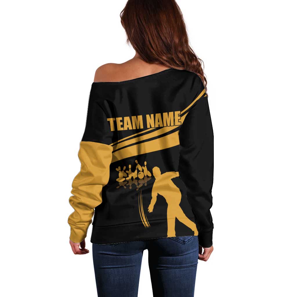 Bowling Player Silhouette Off Shoulder Sweater with Gold Strike Motion and Custom Team Name Design - Wonder Print Shop