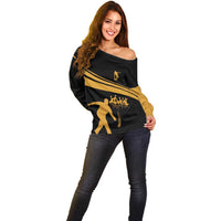 Bowling Player Silhouette Off Shoulder Sweater with Gold Strike Motion and Custom Team Name Design - Wonder Print Shop