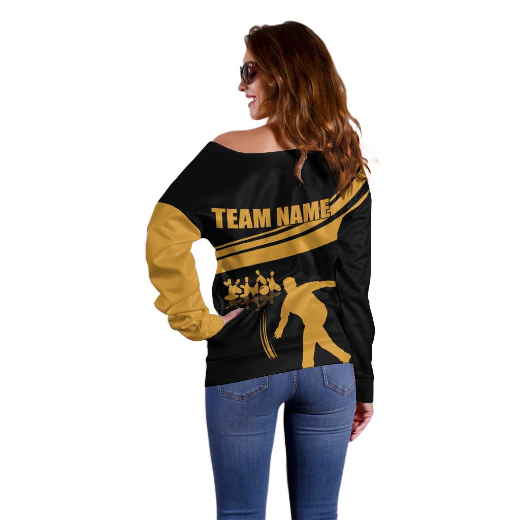 Bowling Player Silhouette Off Shoulder Sweater with Gold Strike Motion and Custom Team Name Design - Wonder Print Shop