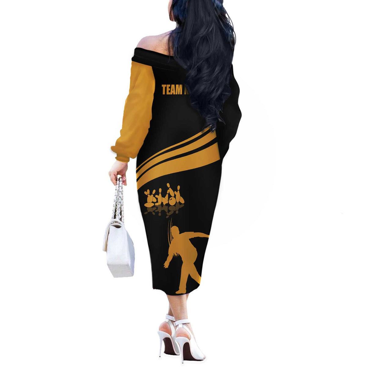 Bowling Player Silhouette Off The Shoulder Long Sleeve Dress with Gold Strike Motion and Custom Team Name Design - Wonder Print Shop