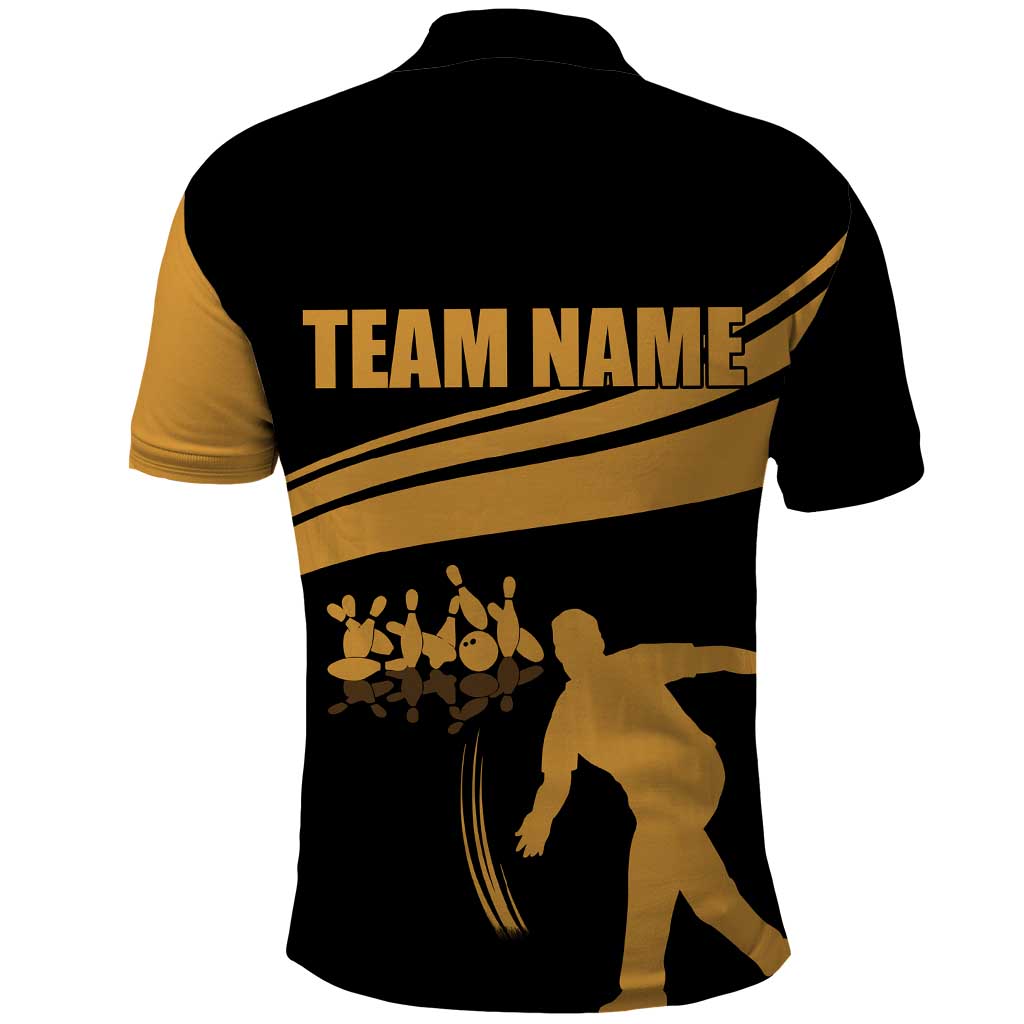 Bowling Player Silhouette Polo Shirt with Gold Strike Motion and Custom Team Name Design - Wonder Print Shop