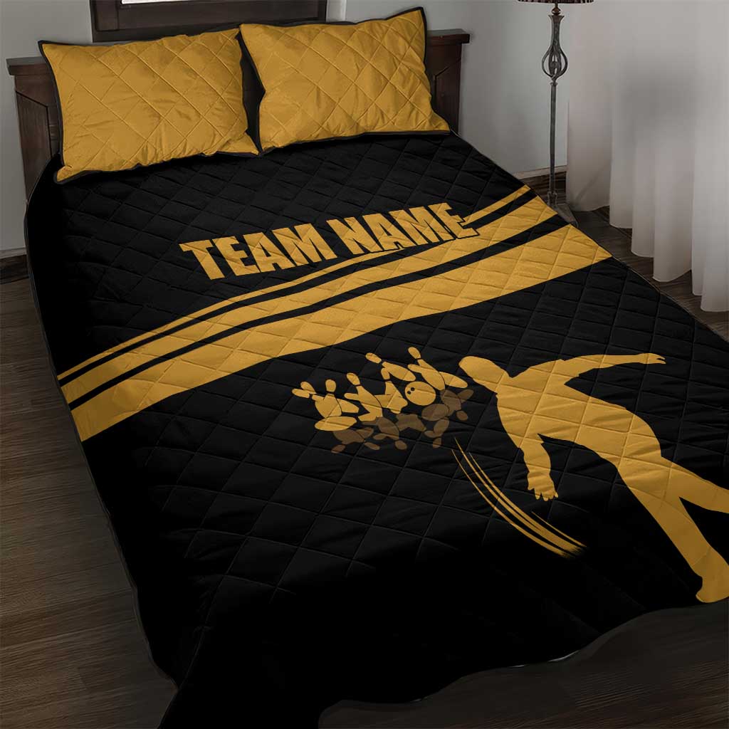 Bowling Player Silhouette Quilt Bed Set with Gold Strike Motion and Custom Team Name Design - Wonder Print Shop