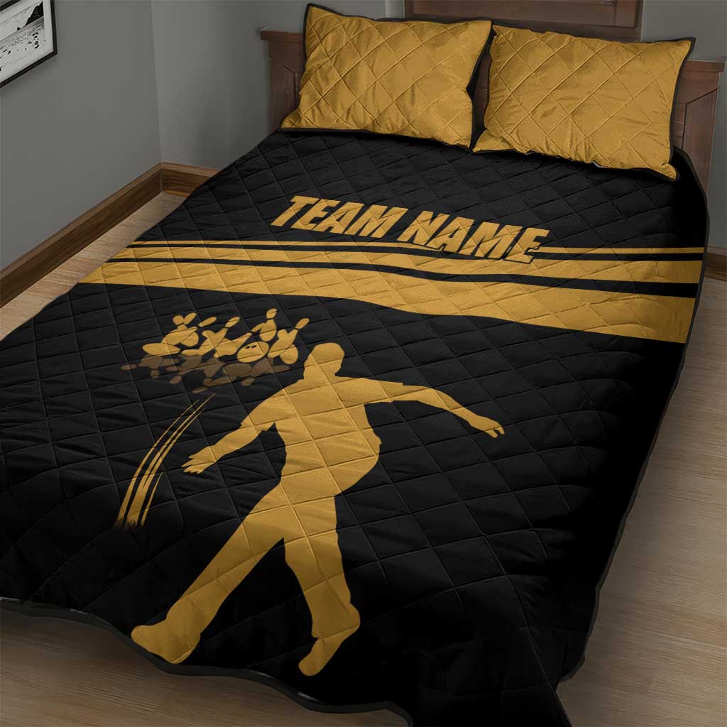 Bowling Player Silhouette Quilt Bed Set with Gold Strike Motion and Custom Team Name Design - Wonder Print Shop