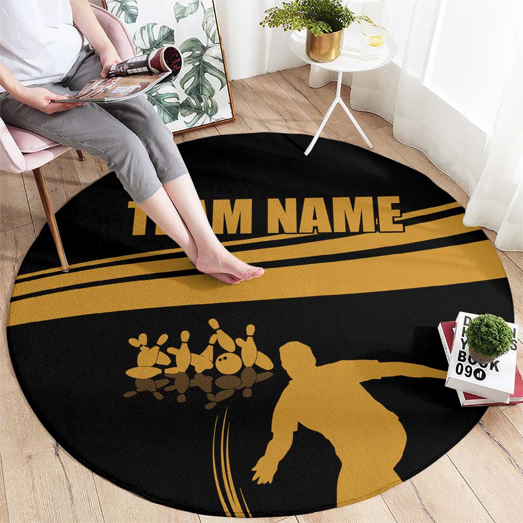 Bowling Player Silhouette Round Carpet with Gold Strike Motion and Custom Team Name Design - Wonder Print Shop