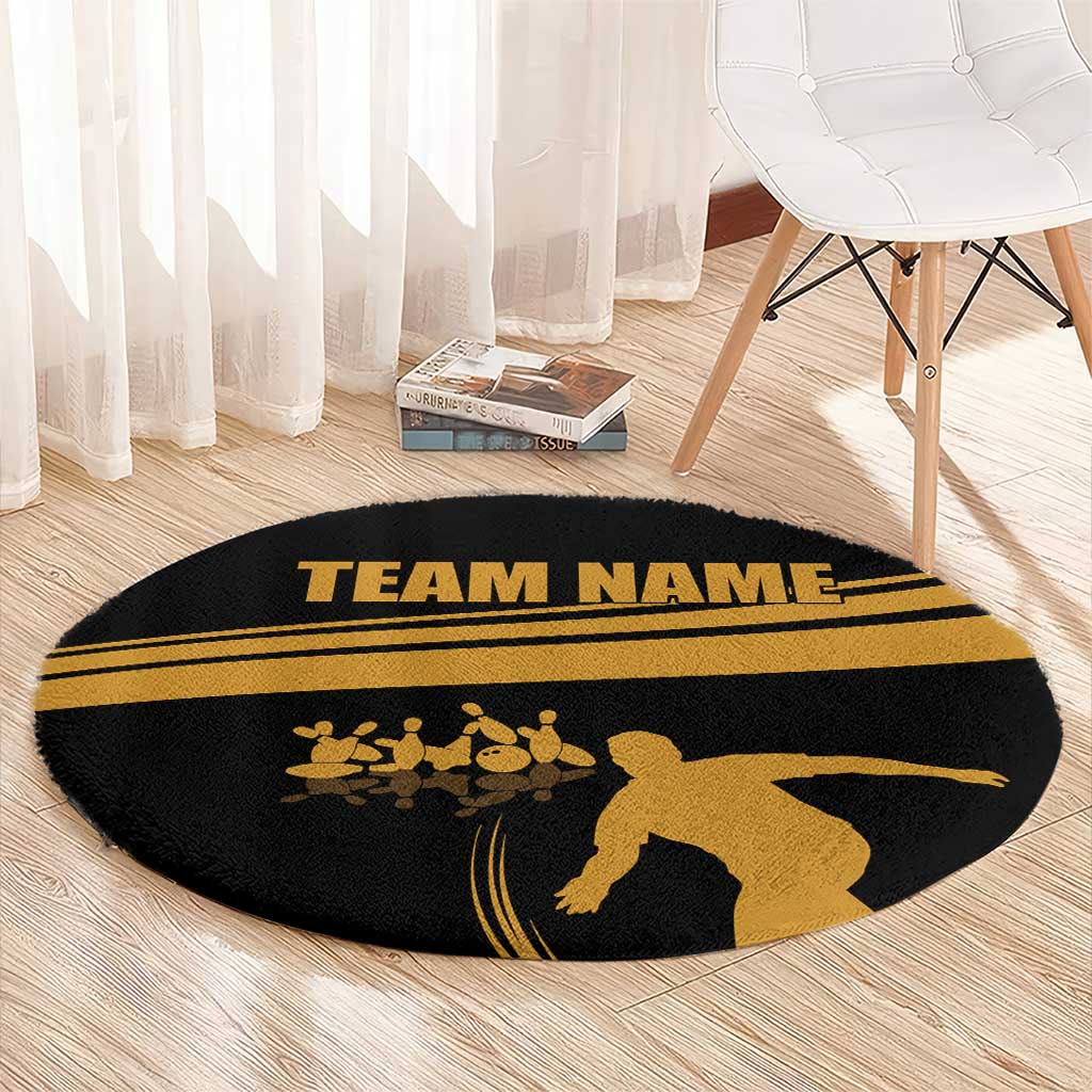 Bowling Player Silhouette Round Carpet with Gold Strike Motion and Custom Team Name Design - Wonder Print Shop