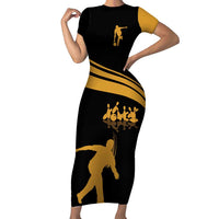 Bowling Player Silhouette Short Sleeve Bodycon Dress with Gold Strike Motion and Custom Team Name Design - Wonder Print Shop