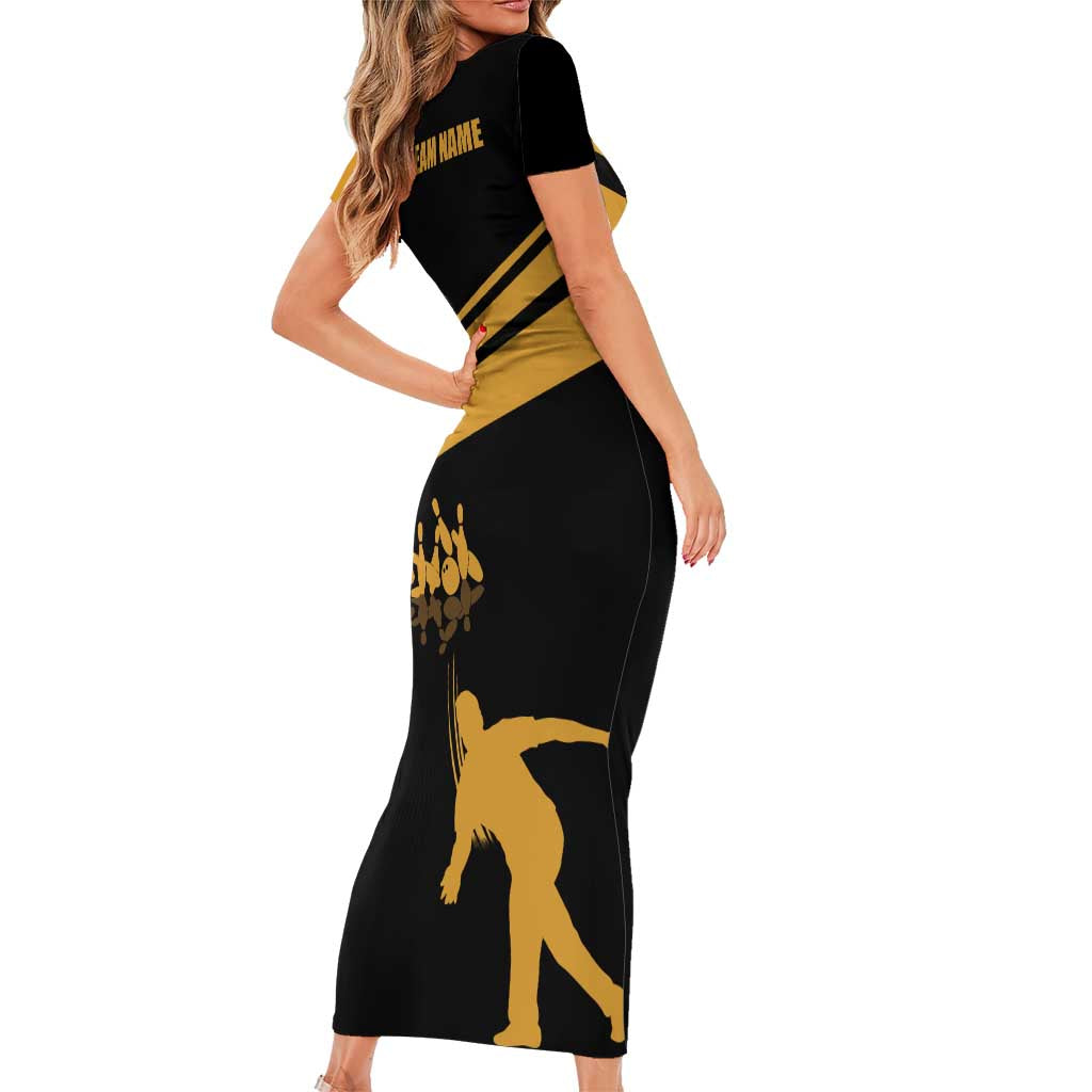 Bowling Player Silhouette Short Sleeve Bodycon Dress with Gold Strike Motion and Custom Team Name Design - Wonder Print Shop