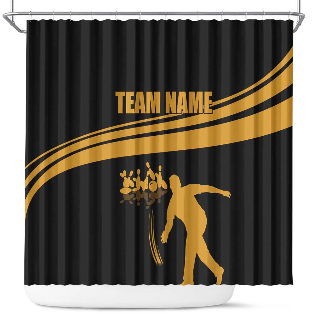 Bowling Player Silhouette Shower Curtain with Gold Strike Motion and Custom Team Name Design - Wonder Print Shop