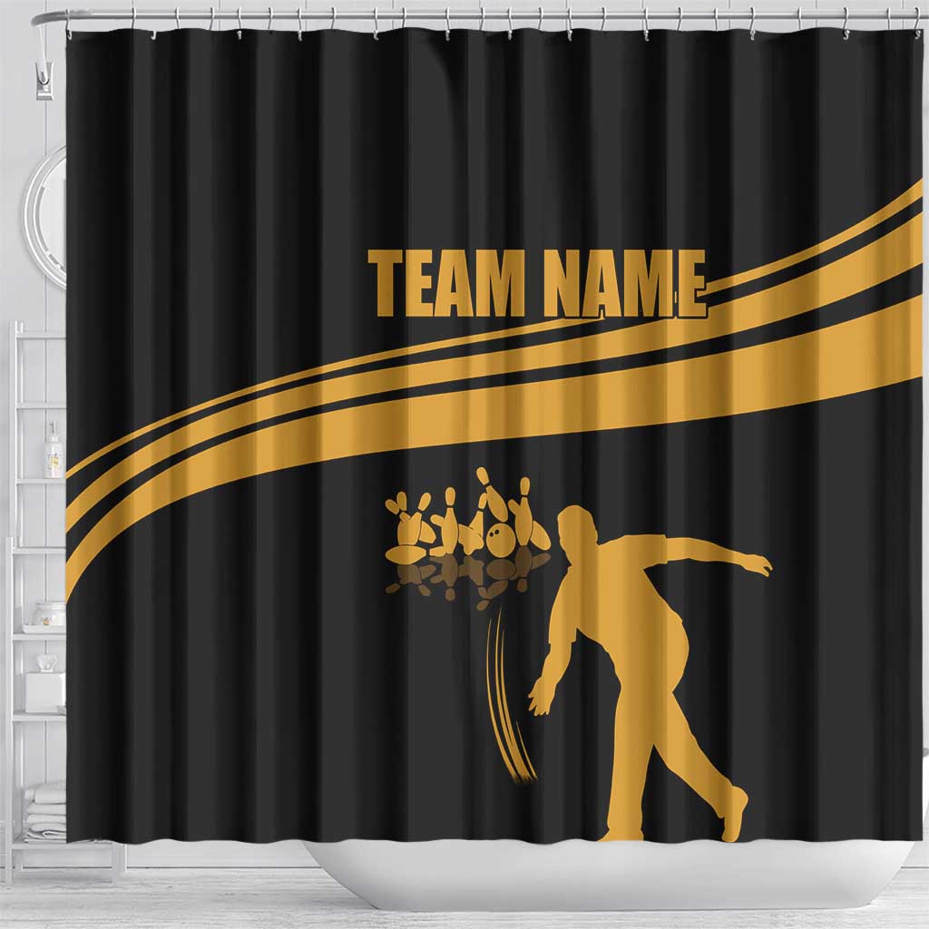 Bowling Player Silhouette Shower Curtain with Gold Strike Motion and Custom Team Name Design - Wonder Print Shop