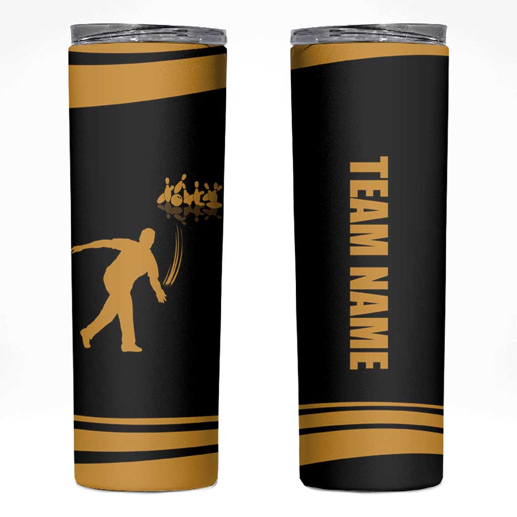 Bowling Player Silhouette Skinny Tumbler with Gold Strike Motion and Custom Team Name Design - Wonder Print Shop