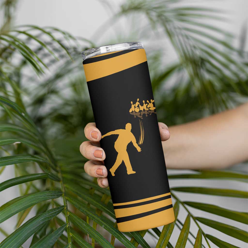 Bowling Player Silhouette Skinny Tumbler with Gold Strike Motion and Custom Team Name Design - Wonder Print Shop