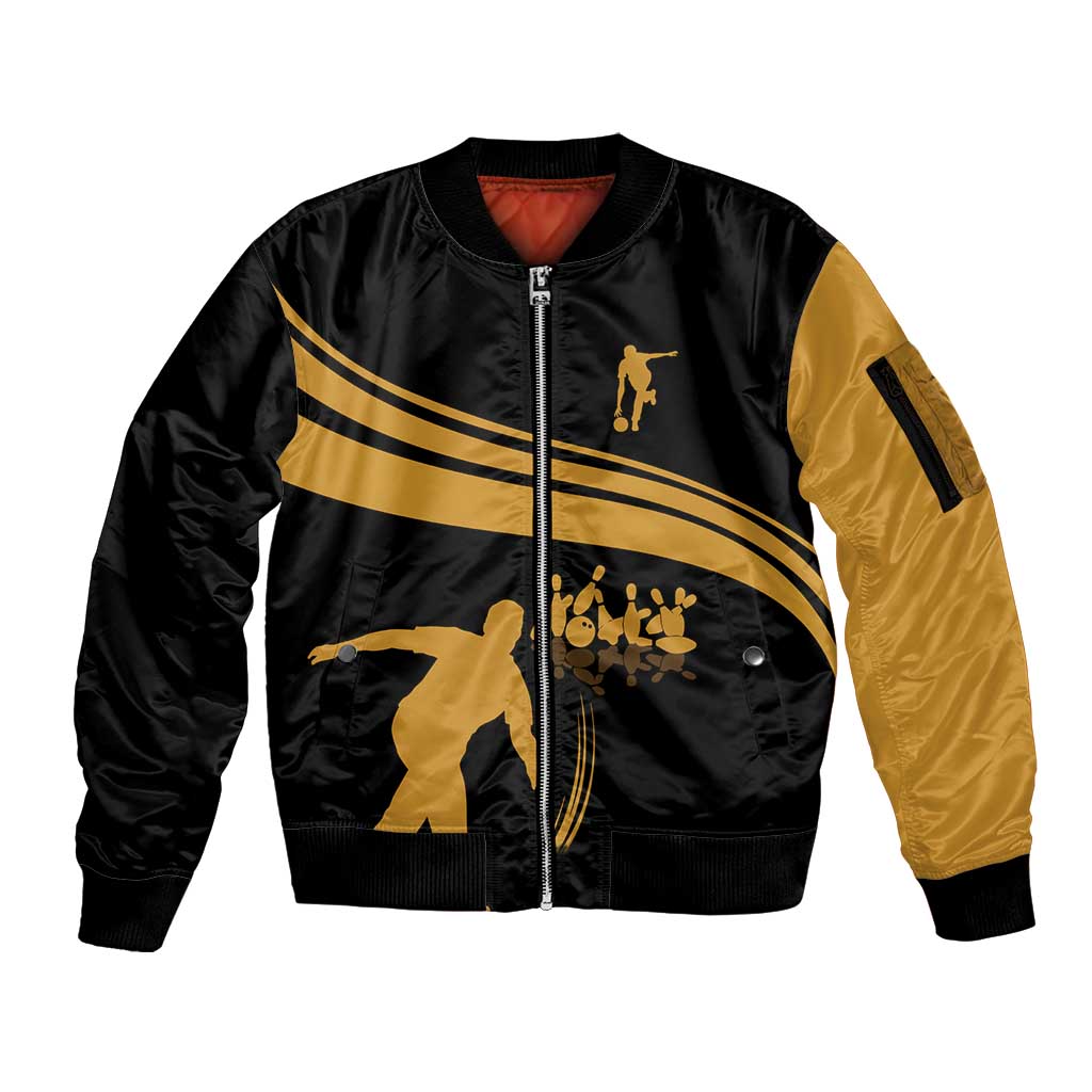 Bowling Player Silhouette Sleeve Zip Bomber Jacket with Gold Strike Motion and Custom Team Name Design - Wonder Print Shop
