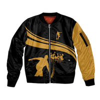 Bowling Player Silhouette Sleeve Zip Bomber Jacket with Gold Strike Motion and Custom Team Name Design - Wonder Print Shop