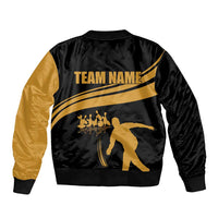 Bowling Player Silhouette Sleeve Zip Bomber Jacket with Gold Strike Motion and Custom Team Name Design - Wonder Print Shop