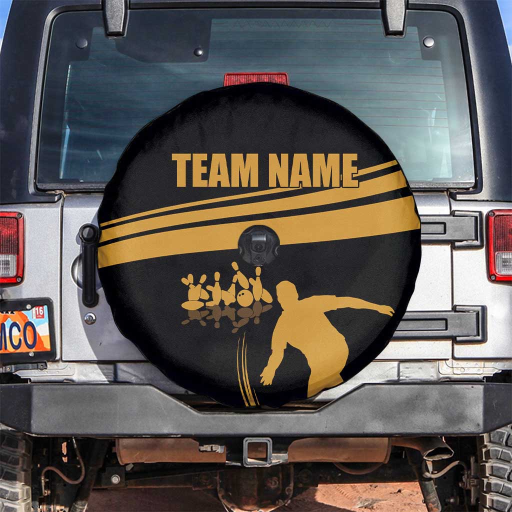 Bowling Player Silhouette Spare Tire Cover with Gold Strike Motion and Custom Team Name Design - Wonder Print Shop